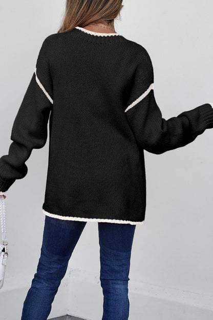 Women Color Block Crew Neck Pullover Sweater