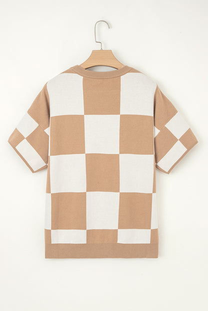 Checkered Colorblock Loose Knit Half Sleeve Sweater