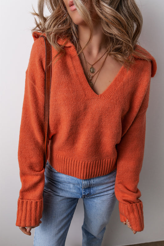 Collared V Neck Ribbed Edge Elegant Sweater