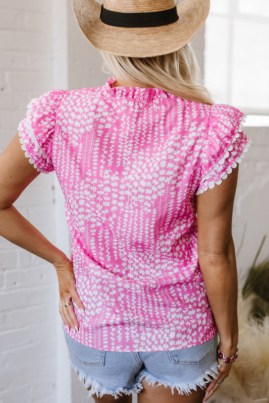Abstract Print Flutter Sleeve Notch V Neck Blouse