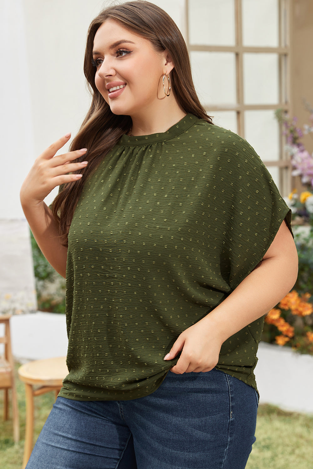 Moss Green Swiss Dot Plus Size Short Sleeve Top