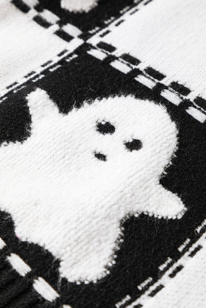 Black Halloween Ghost Checkered Drop Shoulder Sweater