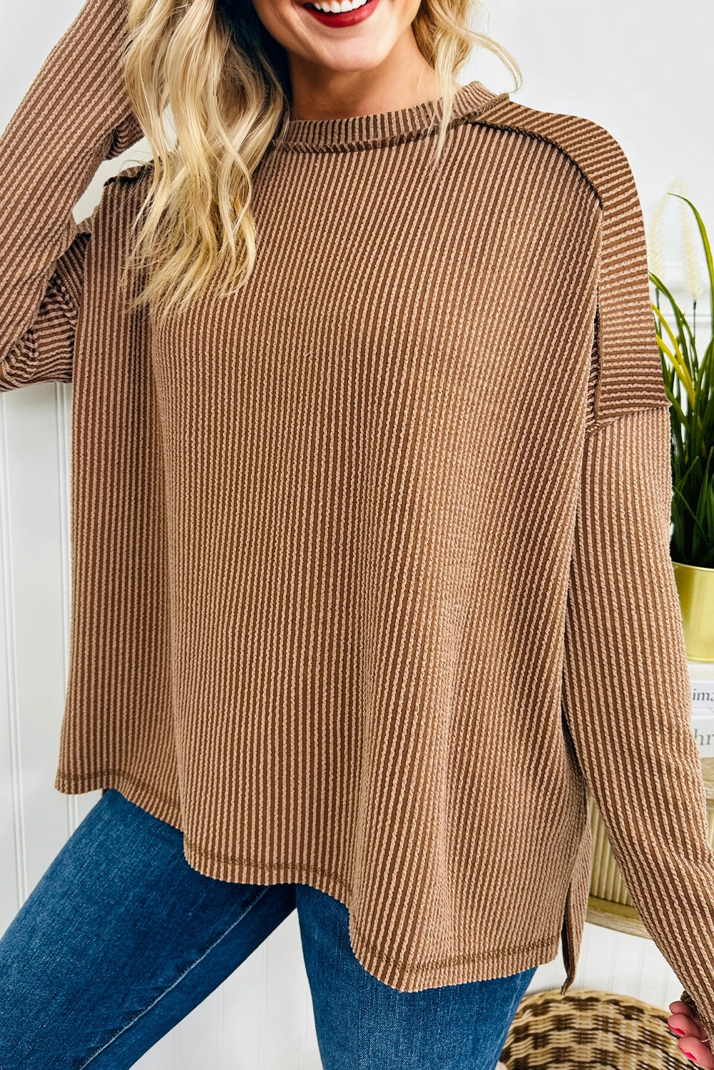 Twist Ribbed Exposed Seam Detail Long Sleeve Loose Top