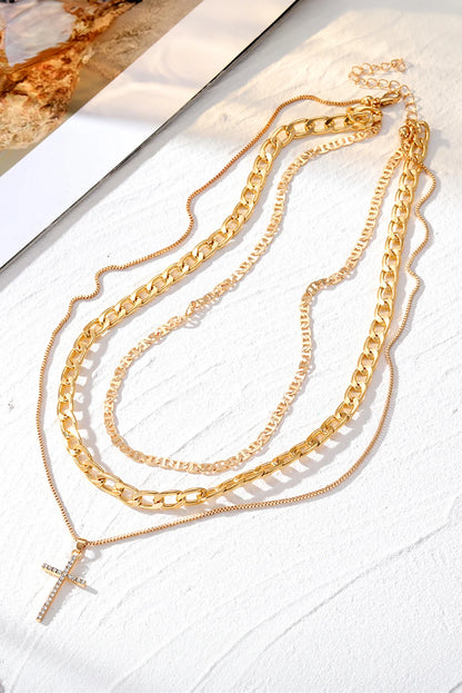 Gold Cross Rhinestone Layered Chain Necklace