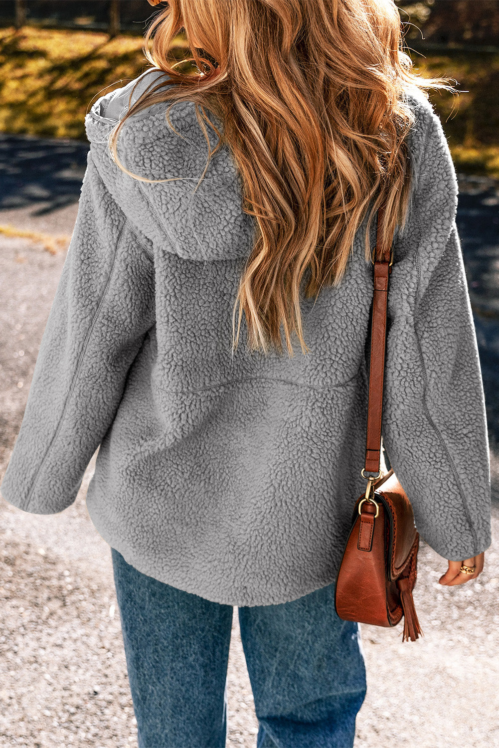 Pale Khaki Fleece Zip-Up Hooded Jacket with Drawstring