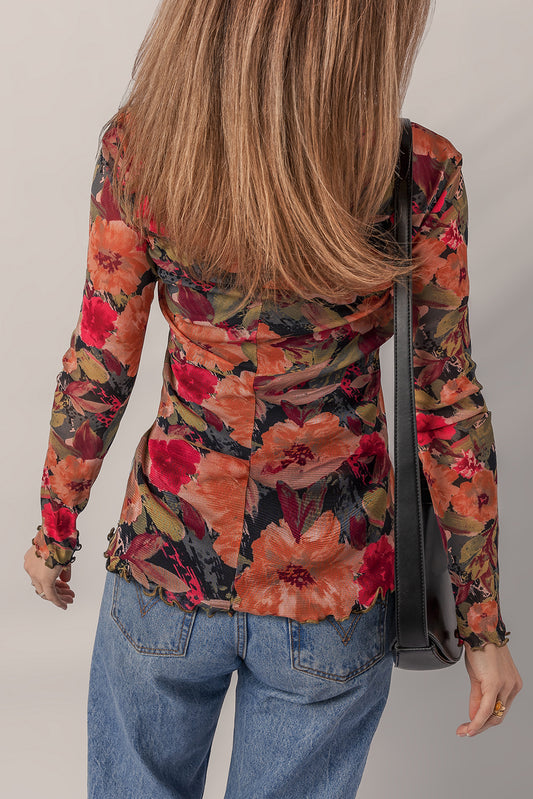 Floral Mesh Lettuce Trim Vintage Long Sleeve Top