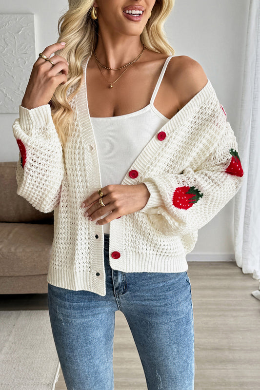 Strawberry Knit Cardigan Sweater with Button Front
