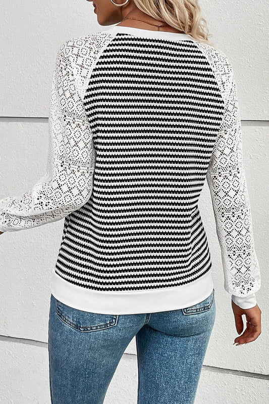 Striped Lace Patchwork Textured Knit Top