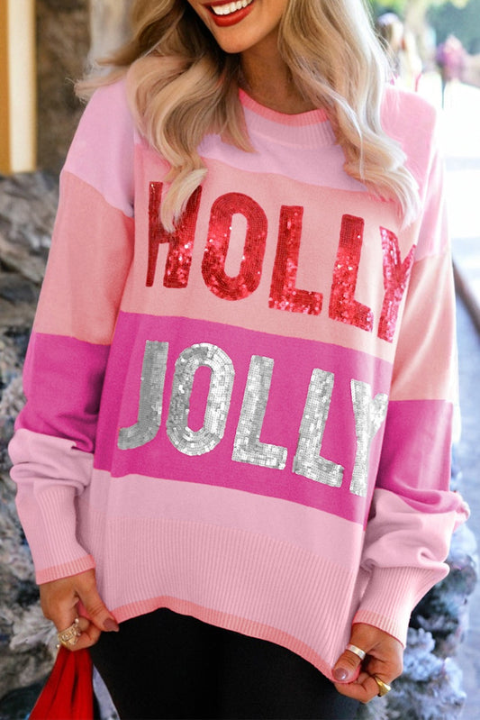 Sequined HOLLY JOLLY Color Block Crew Neck Sweater