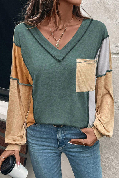 Colorblock V Neck Exposed Stitch Long Sleeve Top