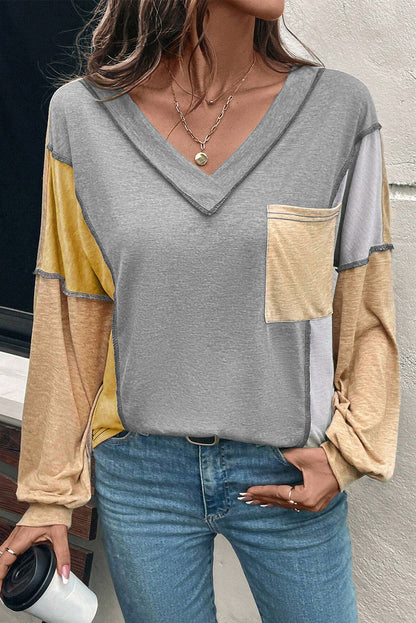 Colorblock V Neck Exposed Stitch Long Sleeve Top