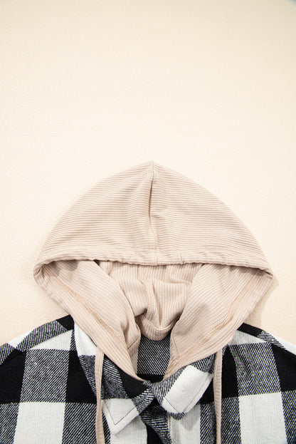 Casual Plaid Hoodie Drawstring Button Shacket