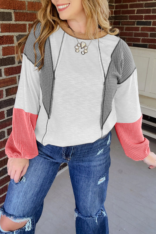Contrast Block Mixed Textured Knit Casual Top