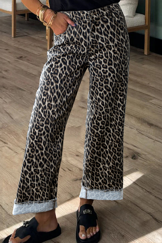 Leopard Print High Waist Wide Leg Casual Jeans