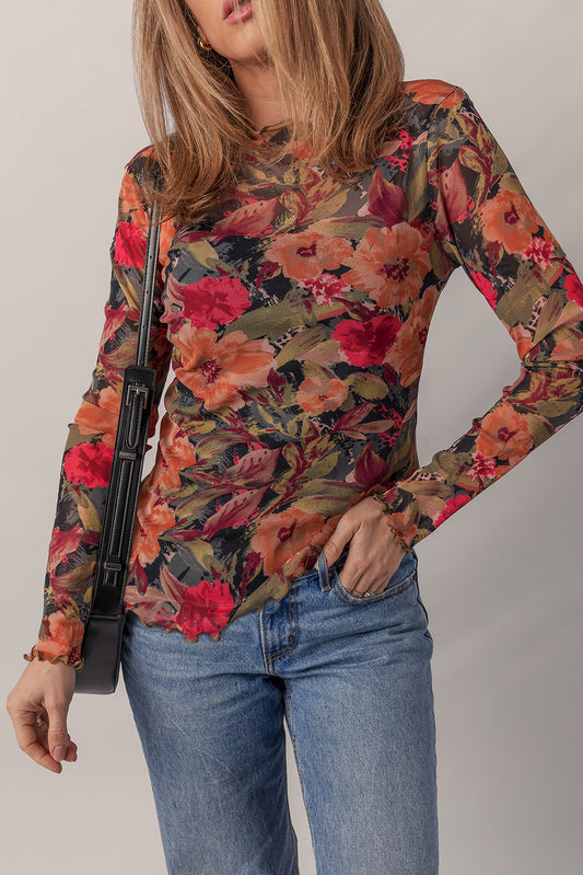 Floral Mesh Lettuce Trim Vintage Long Sleeve Top
