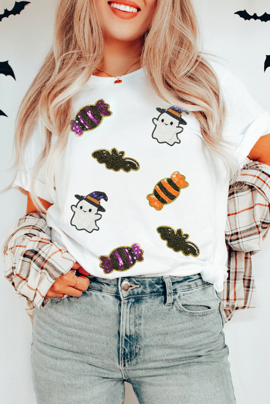 White Sequin Halloween Ghost Candy Graphic Tee