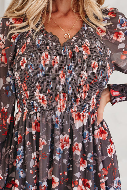 Fall Floral Smocked Bodice Mesh Long Sleeve Mini Dress