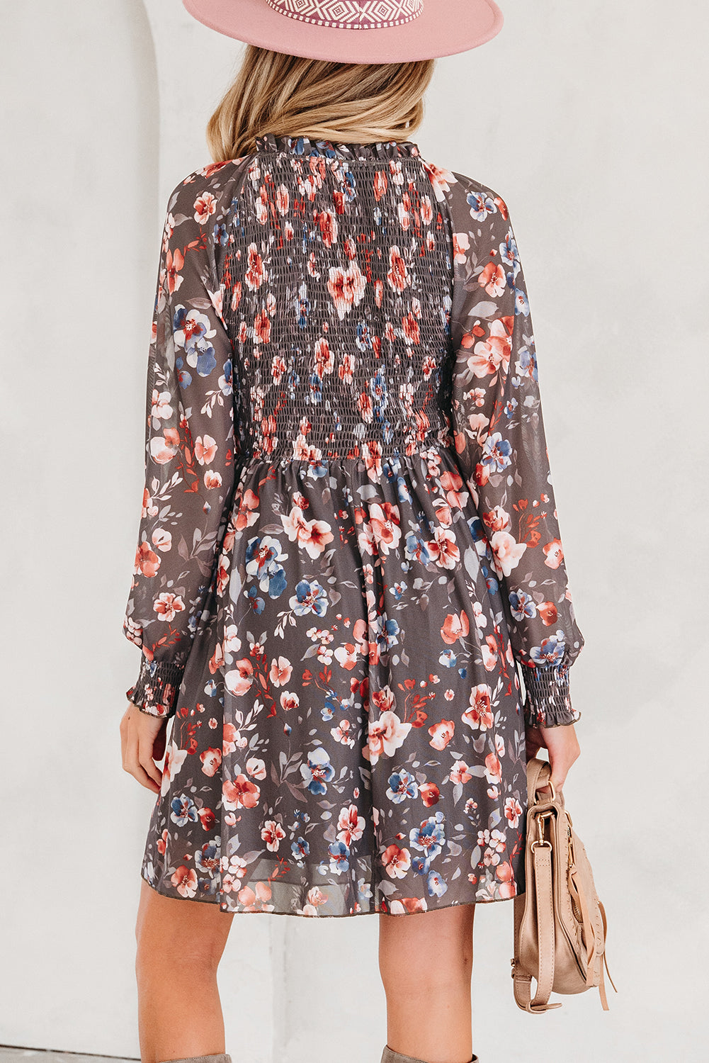 Fall Floral Smocked Bodice Mesh Long Sleeve Mini Dress