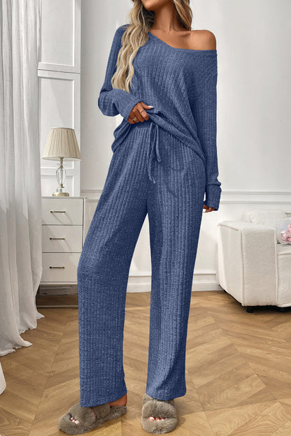 Womens Ribbed Knit Lounge Set Off Shoulder Pajama