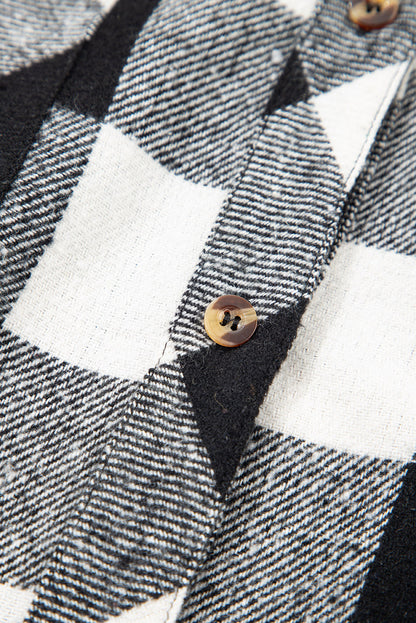 Casual Plaid Hoodie Drawstring Button Shacket