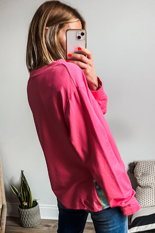 Strawberry Pink Floral Hemline Patchwork Casual Top