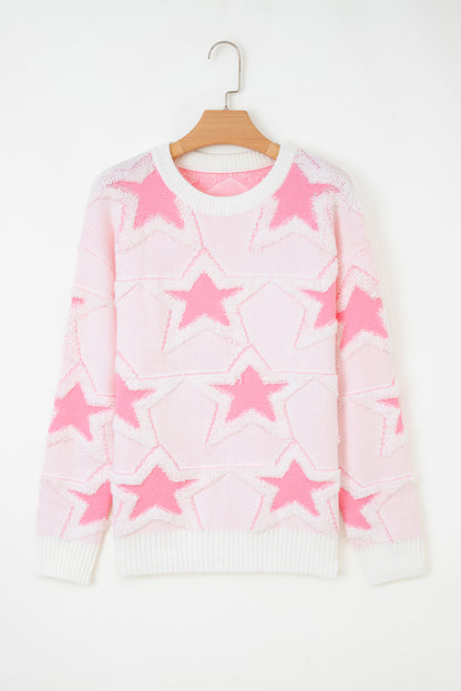Oversized Cute Star Pattern Ribbed Edge Drop Shoulder Sweater
