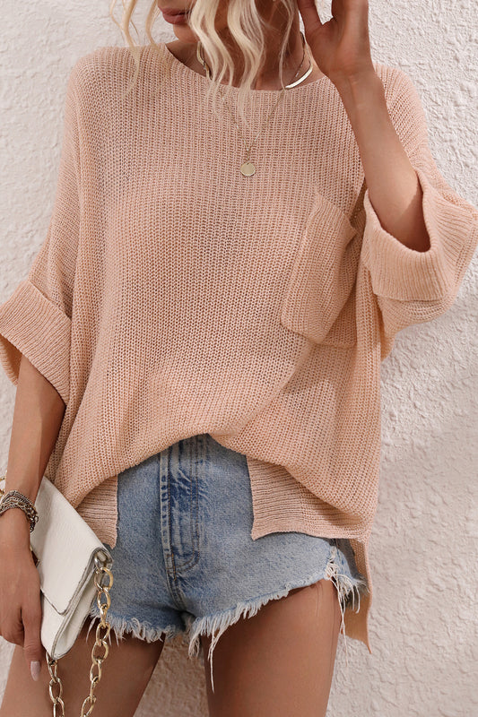 Womens Loose Knit Pullover Top with Pocket