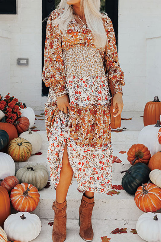 Floral Print Ruffled V Neck Long Sleeve Dress