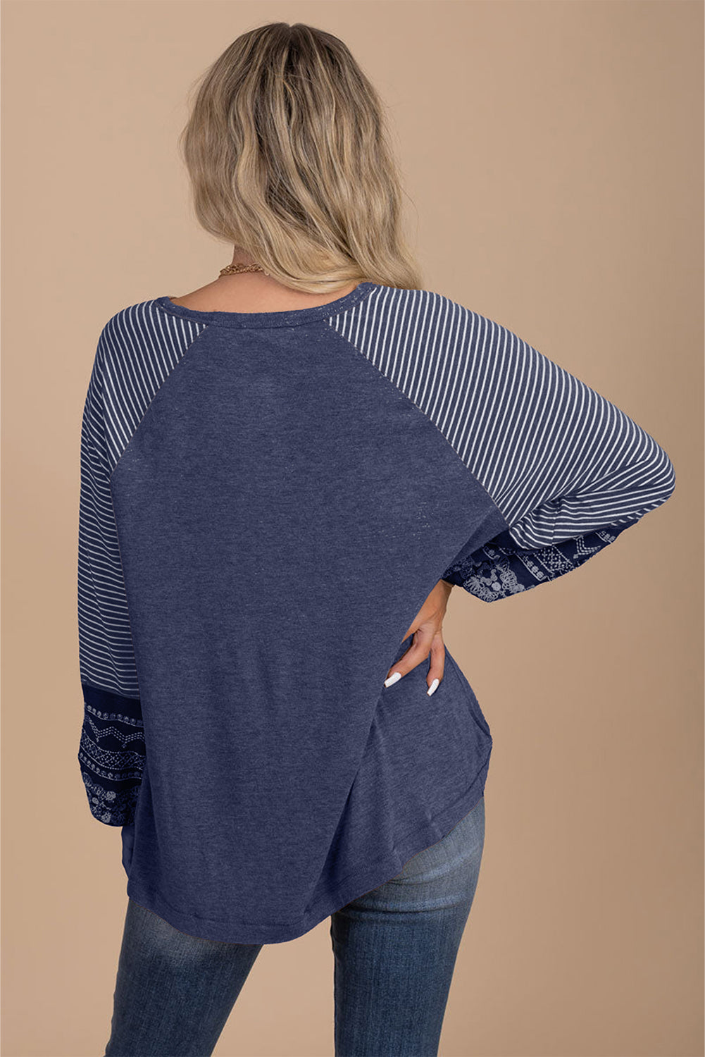 Contrast Print Striped Raglan Long Sleeve Loose Top