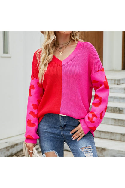 Color Block Leopard Print V Neck Sweater for Women