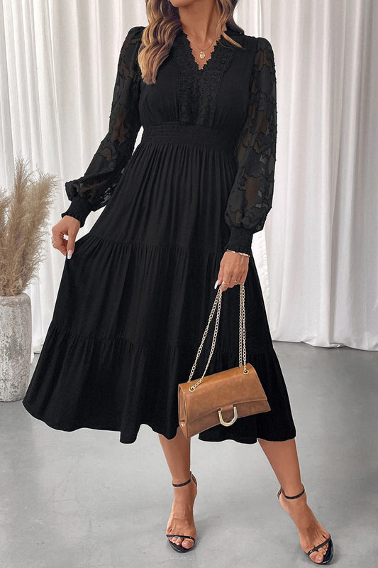 Fall Winter Elegant V Neck Long Sleeve Midi Dress