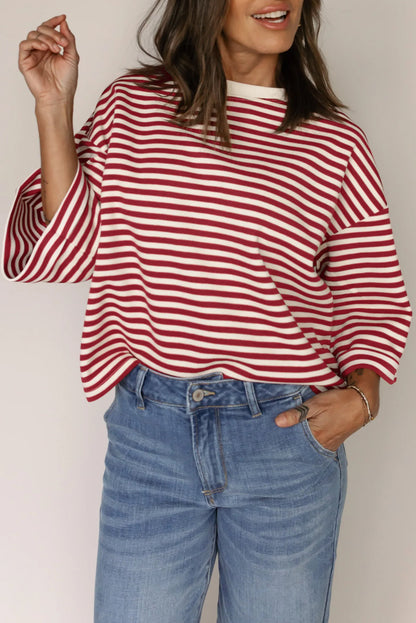 Striped Bow Back Cutout Wide Sleeve Loose Top