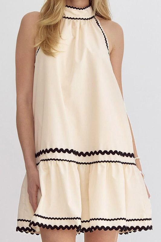 Khaki Stripe Ric Rac Trim Halter A-line Mini Dress