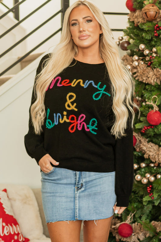 Black Merry and Bright Embroidered Holiday Sweater