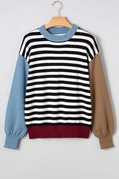Striped Panels Colorblock Sleeve Chic Sweater