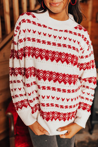 White Geometric Pattern Crew Neck Knit Sweater
