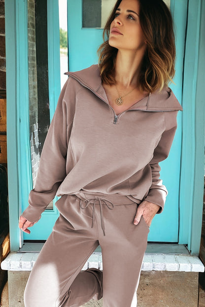 Collar Long Sleeve Zip Top and Drawstring Pants Set