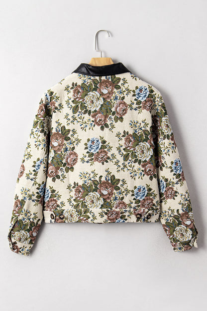 Floral Print Zip Up Contrast Collared Jacket