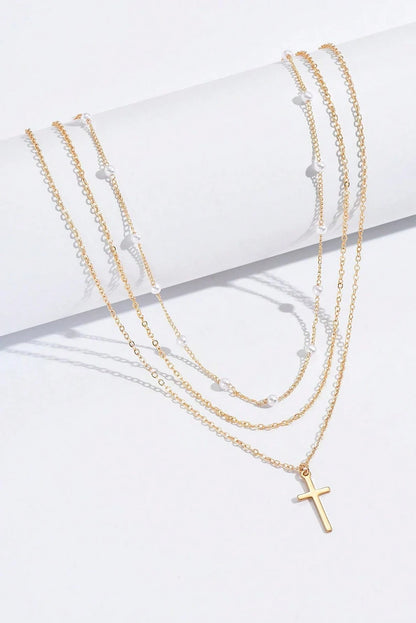 Gold Cross Pearl Layered Pendant Necklace