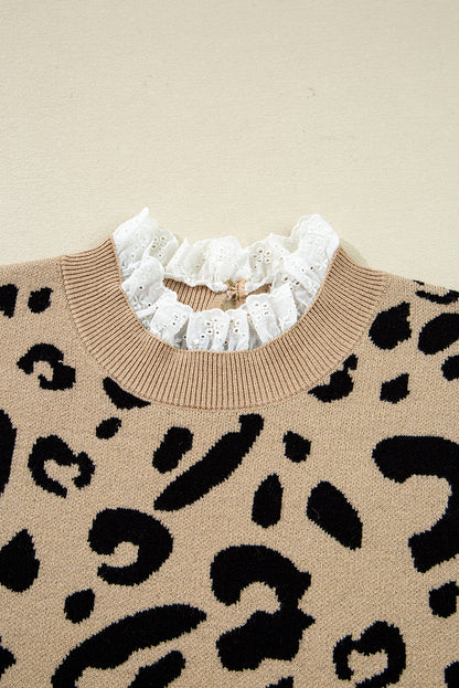 Leopard Print Lace Detail Long Sleeve Sweater