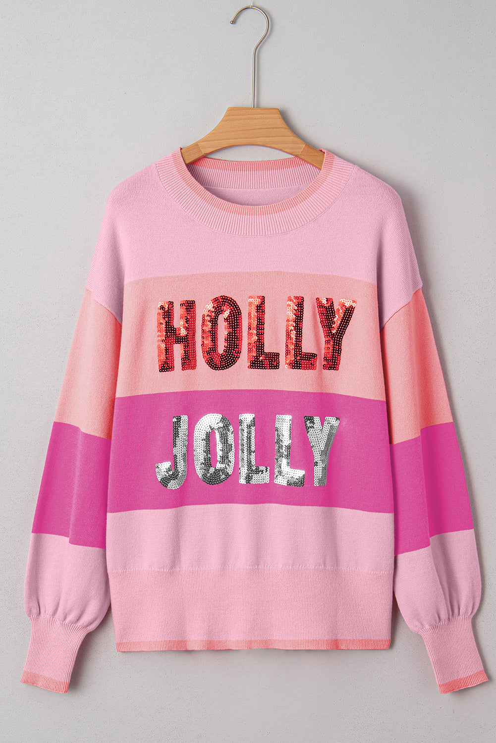 Sequined HOLLY JOLLY Color Block Crew Neck Sweater