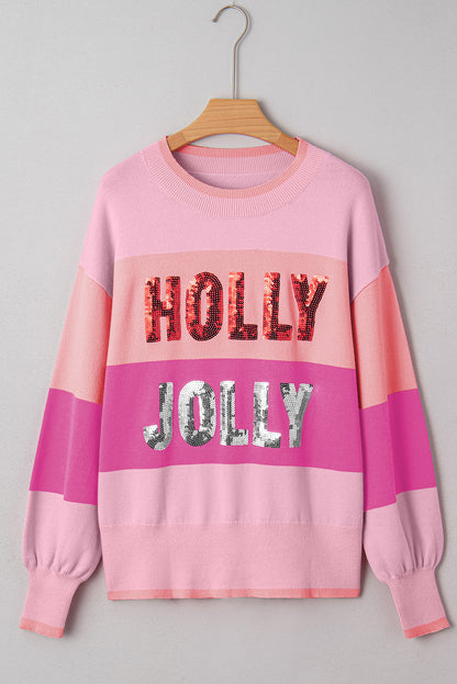 Sequined HOLLY JOLLY Color Block Crew Neck Sweater