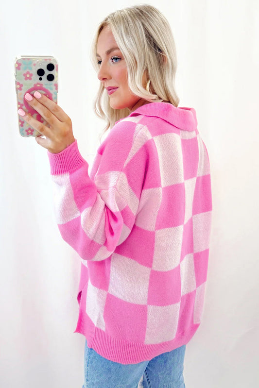 Checkerboard Half Button Collared Drop Shoulder Sweater