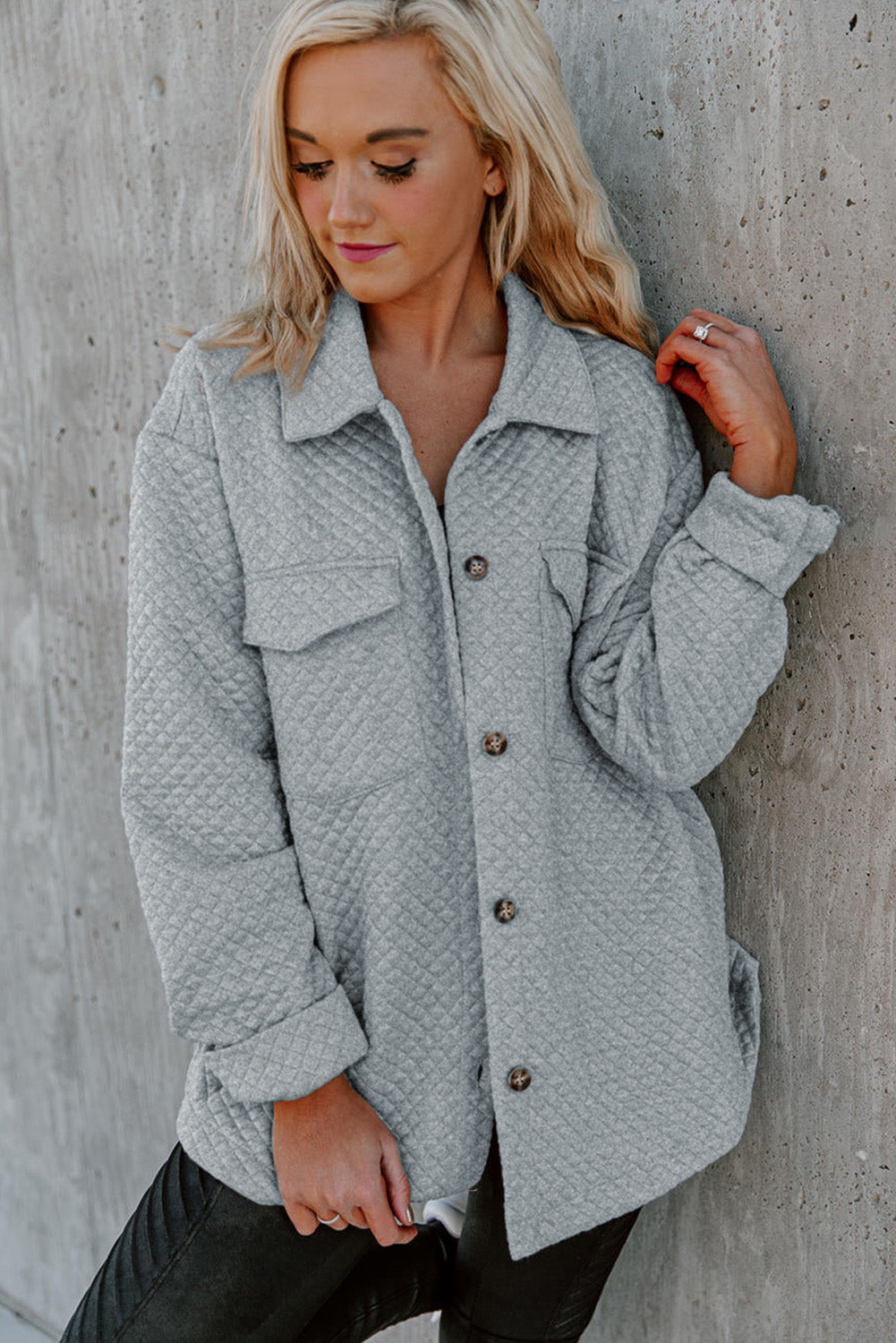 Quilted Button Shacket with Flap Pockets for Women