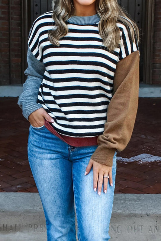 Striped Panels Colorblock Sleeve Chic Sweater