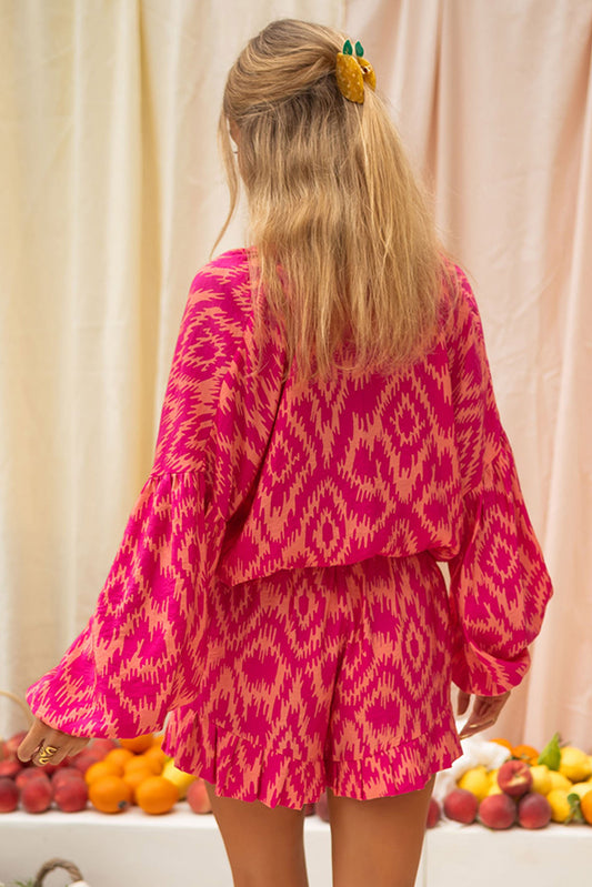 Rose Aztec Print Long Sleeve Top and Shorts Set