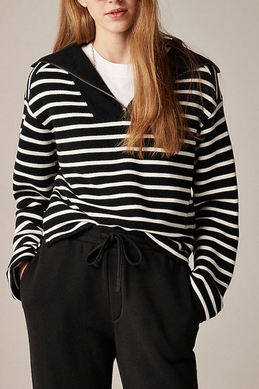 Striped Quarter Zip Sweatshirt Cotton Pullover Top
