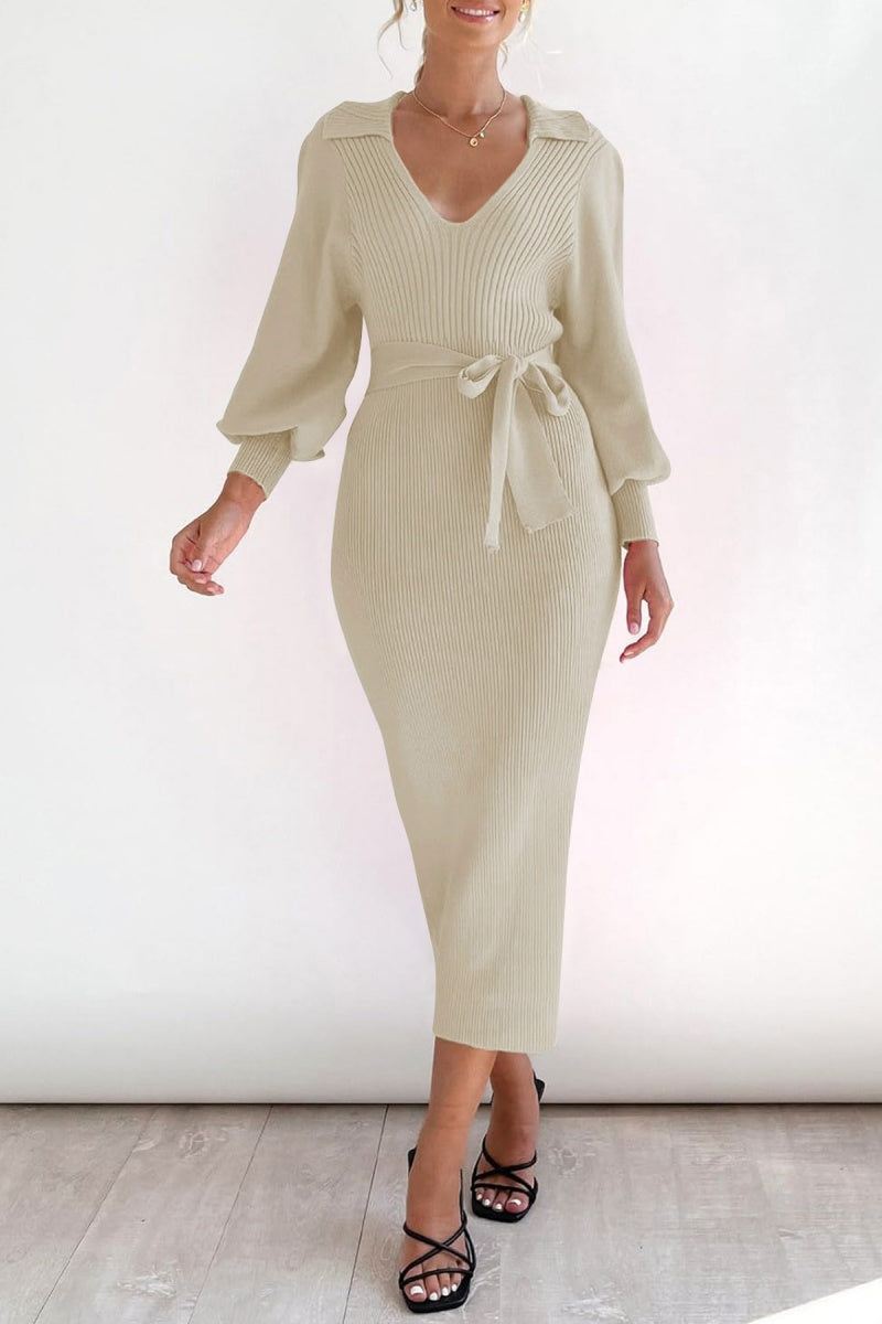 Elegant V Neck Lantern Sleeve Knit Belted Midi Sweater Dress