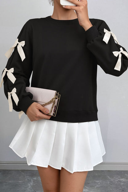 Crew Neck Pullover Top 3D Bowknot Trim Loose Sweatshirts