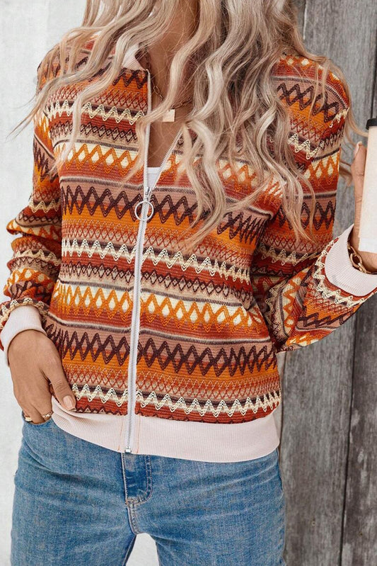 Orange Striped Zip Up Boho Long Sleeve Jacket